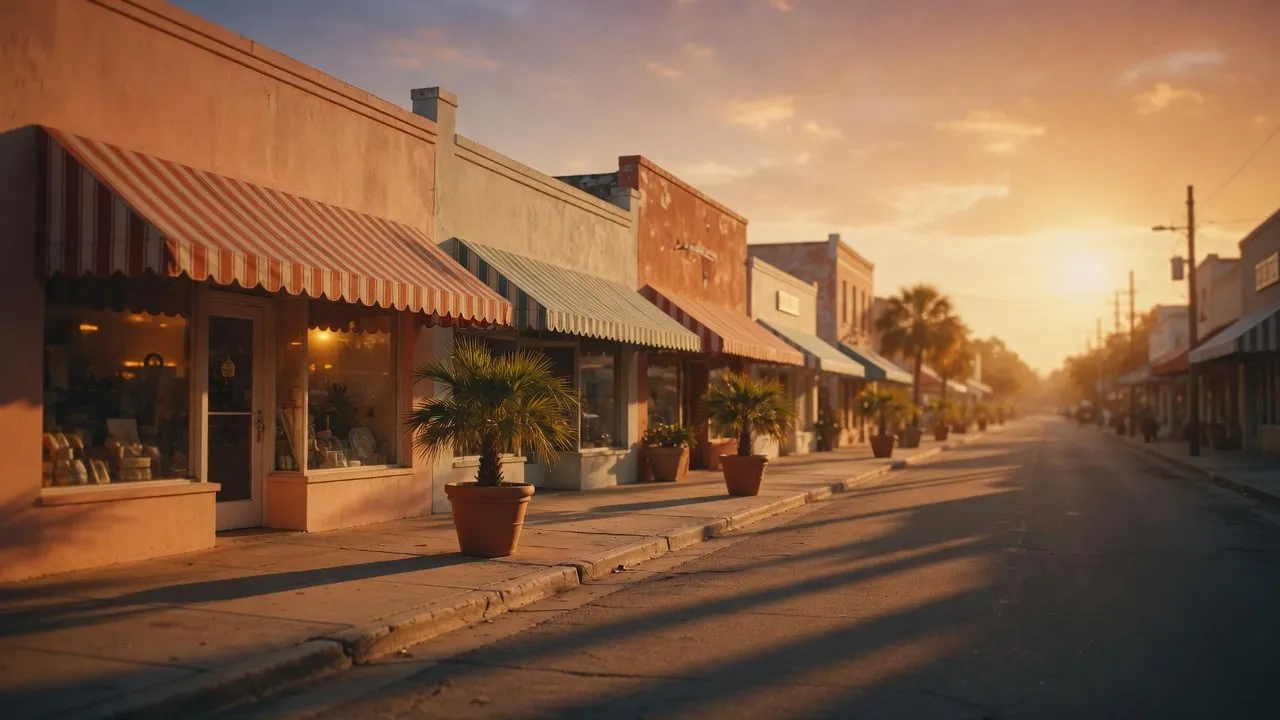 A Florida main street of independent businesses at golden hour