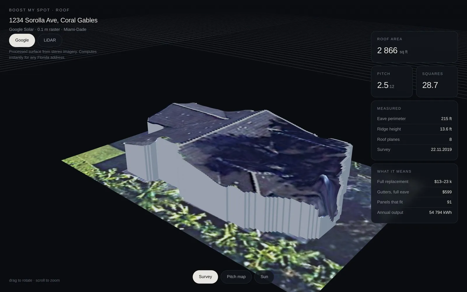 Roof — a Florida roof rebuilt in 3D from public survey data
